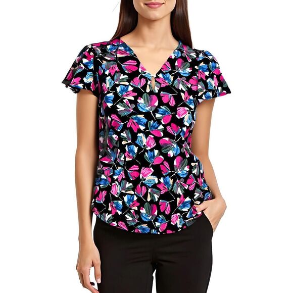 Jones New York Petite Printed V-Neck Flutter- Jones Black, PS - Picture 1 of 1